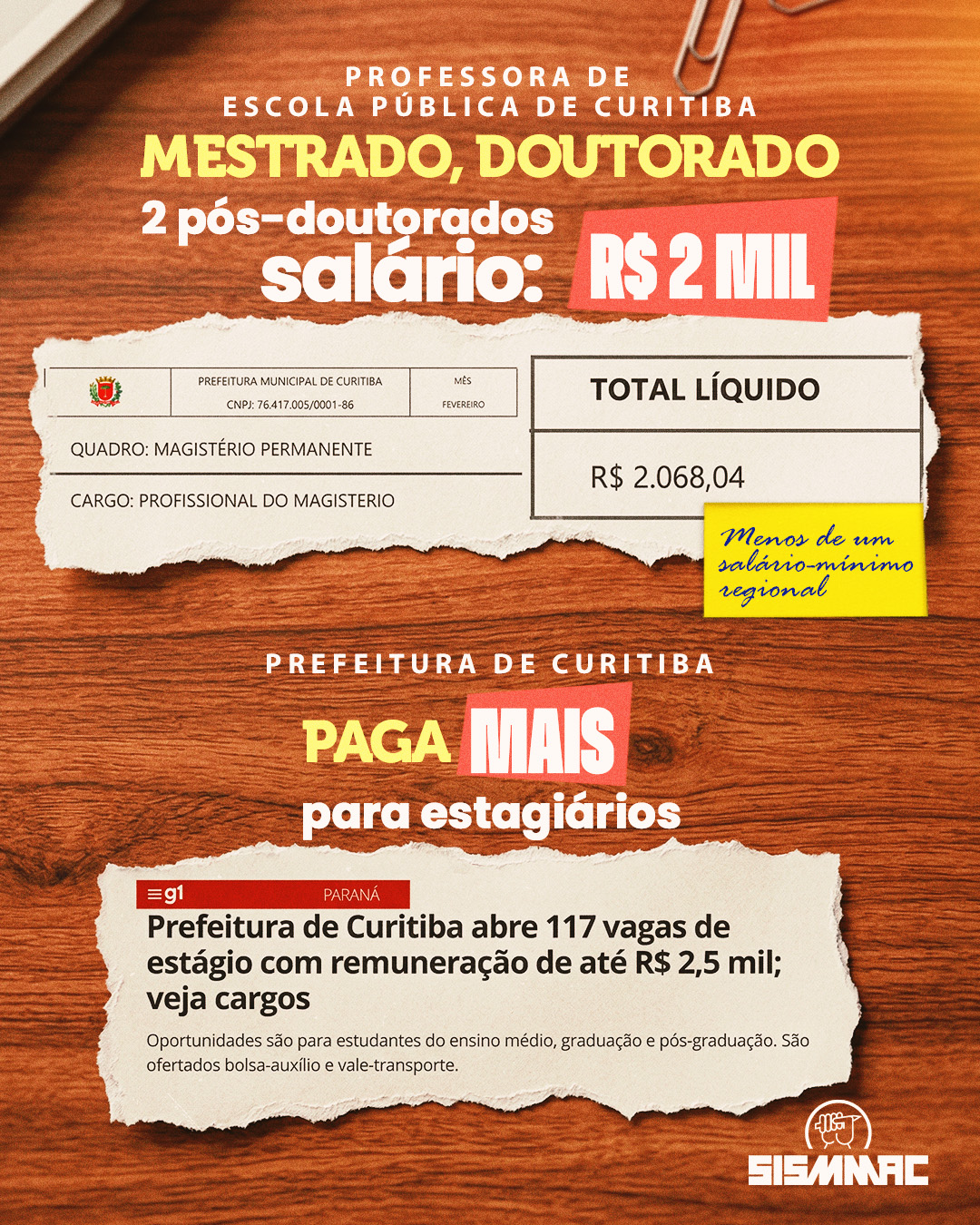 Em Curitiba, professora com mestrado, doutorado e pós-doutorado recebe menos do que estagiário